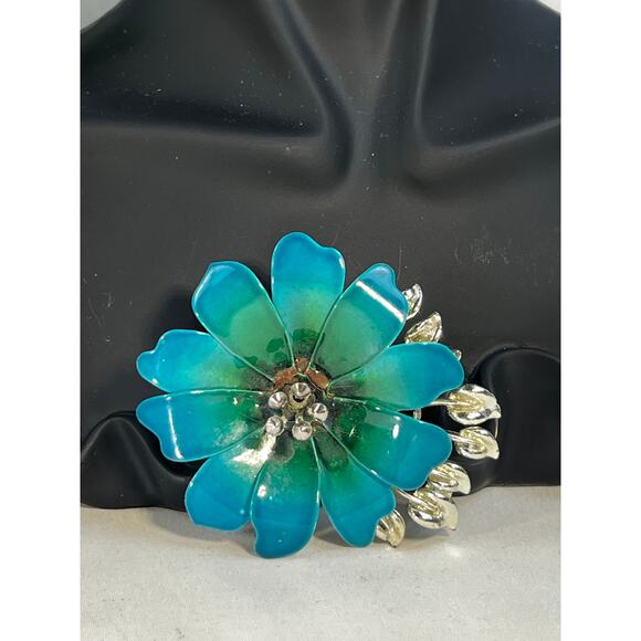 Vintage Coro Flower Brooch Teal Blue Enamel Rhinestone Leaves MCM Ornate RARE - Picture 4 of 16